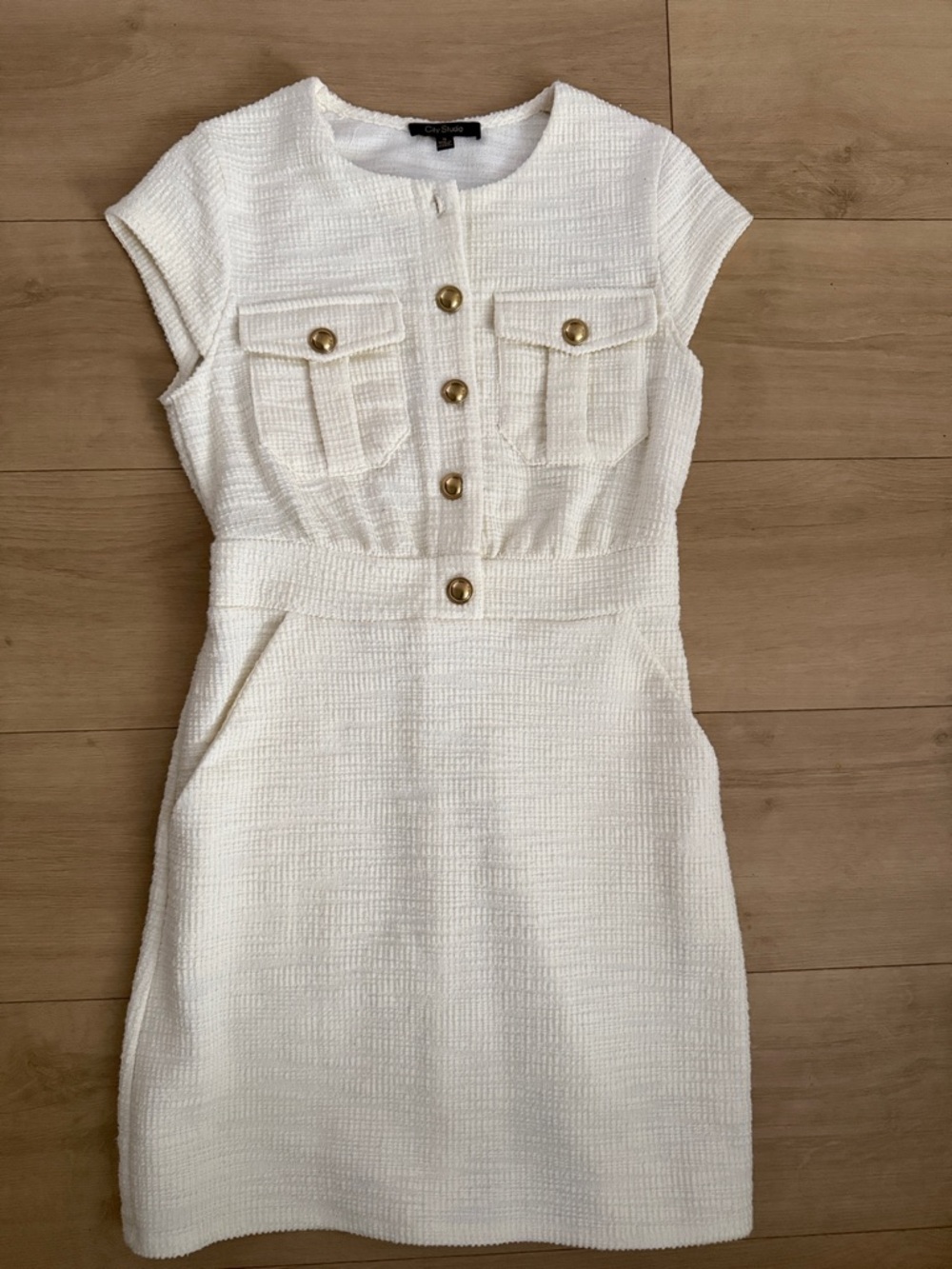 City Studio White Tweed Button Pocket Dress